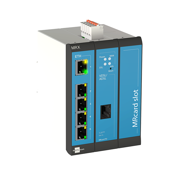 Industrial DSL Router 5 LAN ports, 2 digital inputs, 1 Slot for MRcards, Annexes B/J