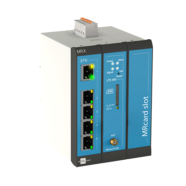 INSYS icom MRX3 LTE450, modular 4G cellular router incl. LTE450, 2x SIM, VPN, 5x Ethernet 10/100BT, 
