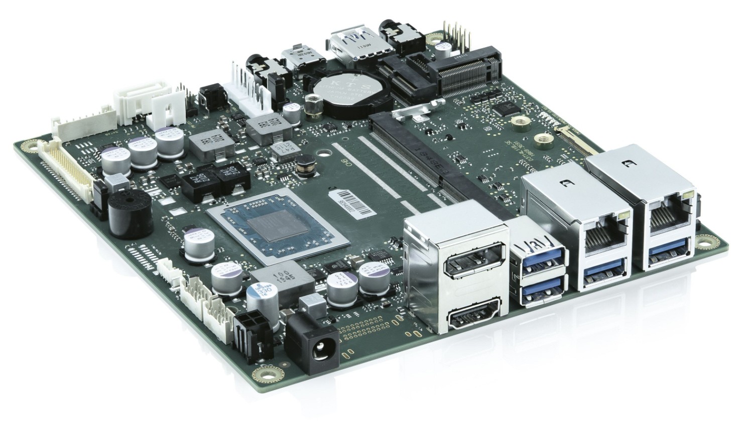 AMD Embedded V1605B SoC, Quad-Core 2.0/3.6GHz, up to 4 displays, 2x SO DIMM sockets for DDR4 2400