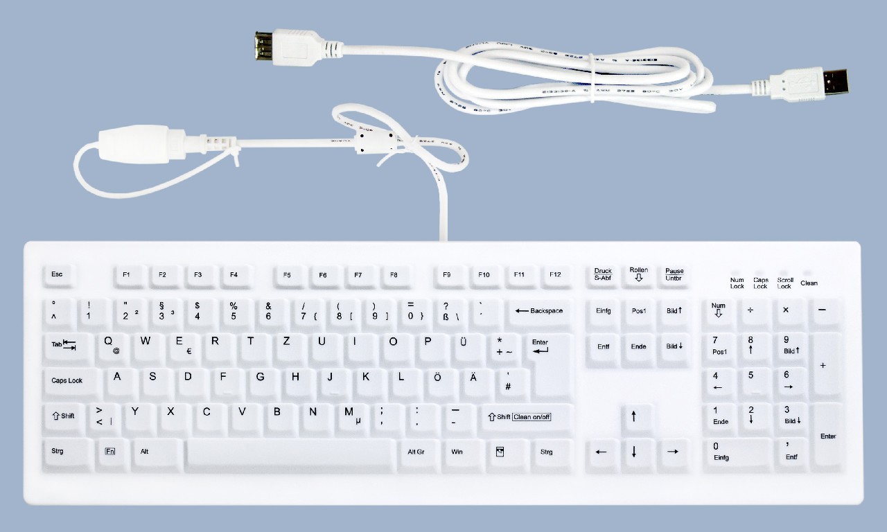 Hygiene Desktop Keyboard Fully Sealed Watertight USB White UK 0.4m Cable/Plug + 1.8m Cable CH-Layout