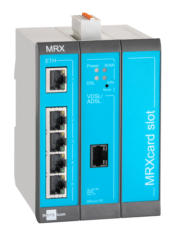 Industrial DSL Router 5 LAN ports, 2 digital inputs, 1 Slot for MRcards, Annexes A/L/M