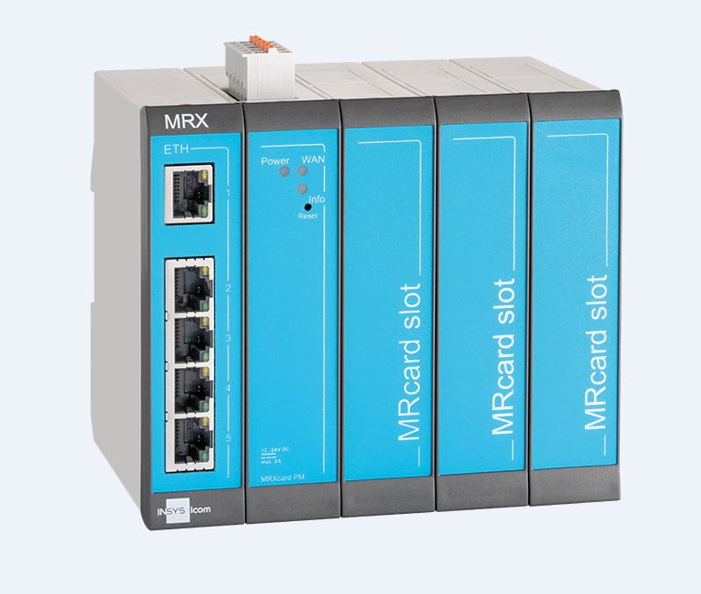 INSYS icom MRX5 LAN, modular LAN-to-LAN router, VPN, 5x Ethernet 10/100BT, 2x DI, 3x extension slots