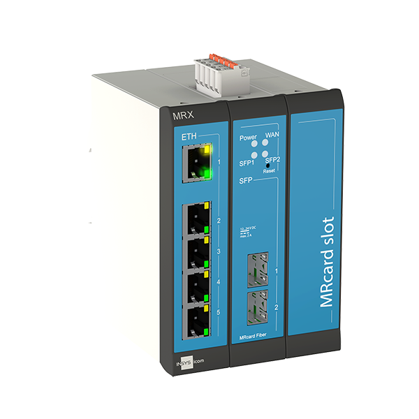 INSYS icom MRX3 Fiber, modular SFP router, VPN, 5x Ethernet 10/100BT, 2x DI, 1x extension slot 