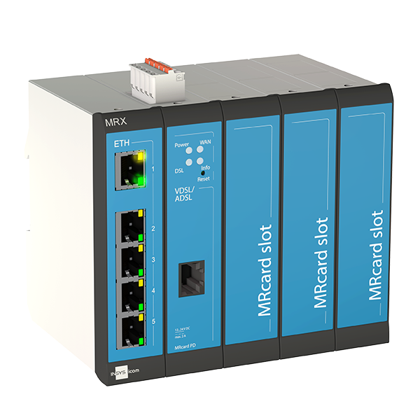Industrial DSL Router 5 LAN ports, 2 digital inputs, 3 Slots for MRcards, Annexes A/L/M