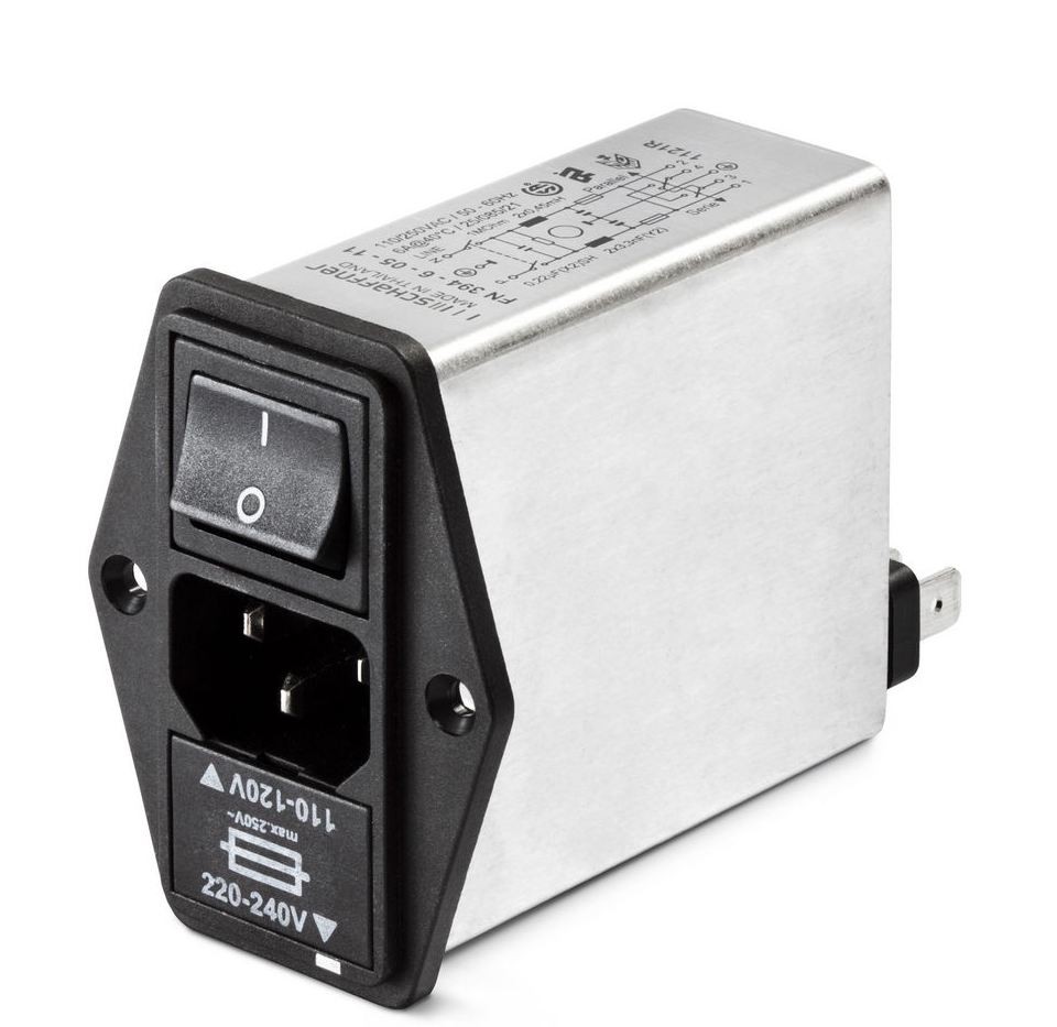 IEC, Switch,2 Fuse and V-Selector 250VAC, 1A, Faston, E-Line Choke