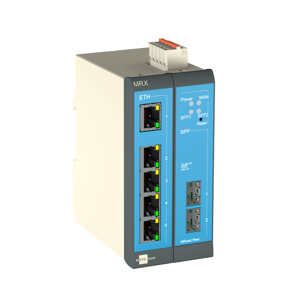 INSYS icom MRX2 Fiber, modular SFP router, VPN, 5x Ethernet 10/100BT, 2x DI