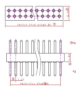 Stiftleiste, Raster 1.27 mm, zweireihig gerade