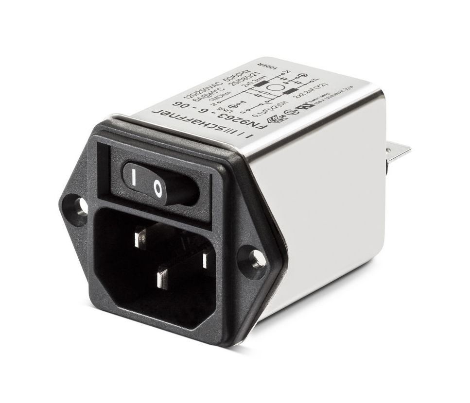 IEC with Single Pole Switch 250VAC, 3A, Faston, Snap-in Horizontal