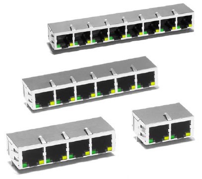 Through hole  1X2 Tab down 4-core w/LEDs 10/100 